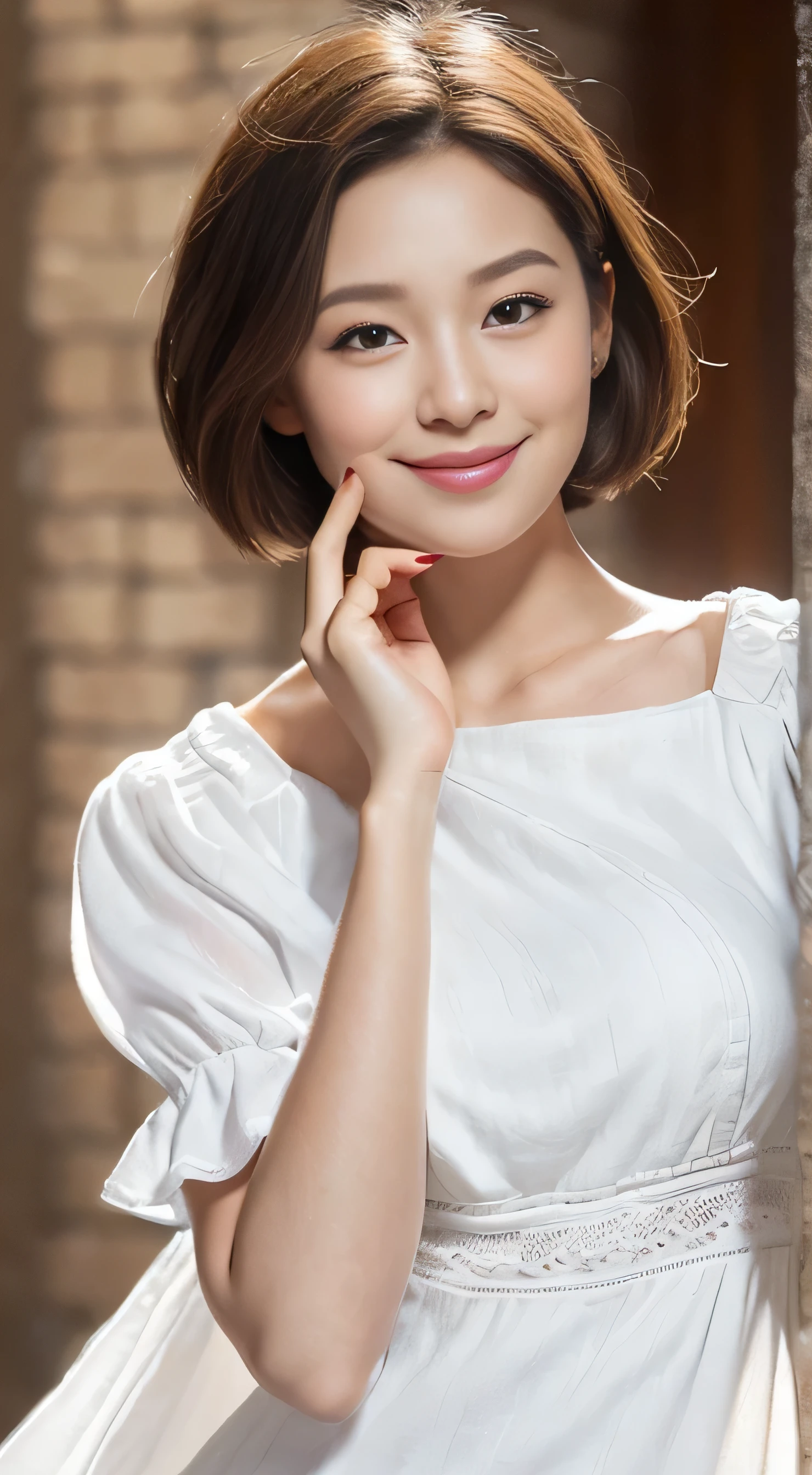 Please create a 1 girl illustration with the following elements delicately in detail Conditions:Don't put more than one person on one illustration。Draw one girl。 Complement: Idade:Beautiful girl in her 20s hairstyle: Short hair hair color: Brown eye color: Brown skin tone: White clothing: White dress expression:Smile Pose:The upper part of the body、Facing straight ahead graphics:8K、realisitic、top-quality、profetional lighting、超A high resolution、(Photorealsitic:1.4) number of people:1 person background:Will