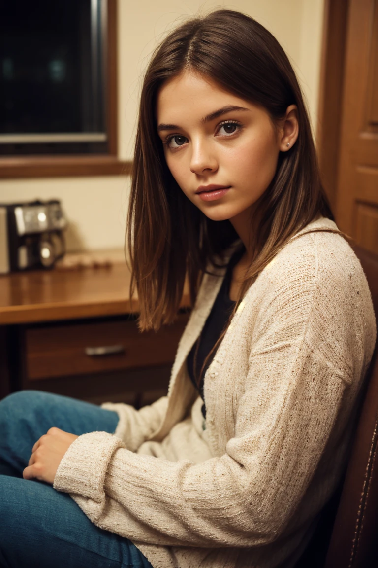 beautiful college_girl_brunette closeup girl_next_door baggy_clothes night interior messy_hair film_grain retro Porta_160_color shot on ARRI_ALEXA_65 sharp_focus on subject Fujifilm_XT3 BREAK