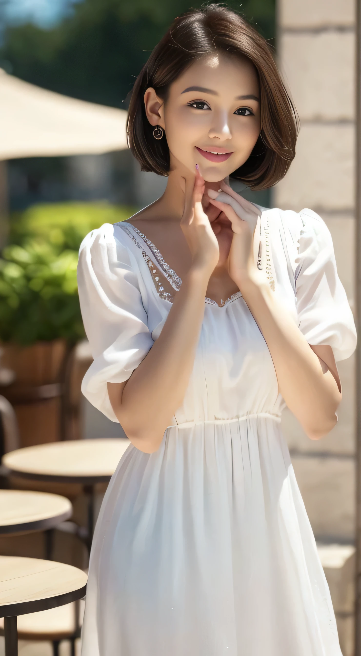An elegant afternoon、(((english garden、Girl enjoying afternoon tea in the gazebo、Western-style garden、cobblestone、A beautiful garden full of flowers in full bloom、fantastic flower garden)))、ponytail、romance gray hair、small nose、plump lips、Lips that make you want to kiss、elegant dress、Girl standing on a gazebo bench、table with tea set、white dress、 highest quality、ultra high resolution、master piece:1.5、Portrait