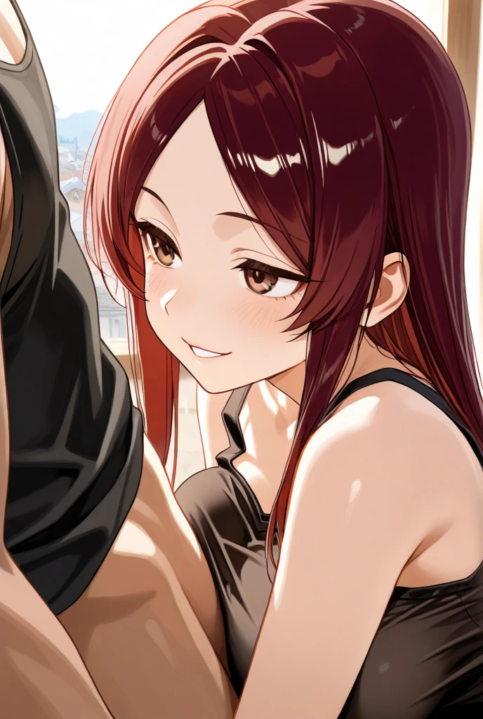 score_9, score_8_up, score_7_up, rating_explicit, masterpiece, best quality,high quality,highres,very aesthetic, absurdres, high detailed,optimal lightning,4k,8k wallpaper, source_anime, uncensored,official art, official style, megami magazine,BREAK,1girl,Revy,medium breasts, long hair, brown hair, brown eyes, ponytail,black crop top, short shorts, denim, blue shorts,unamused,confused,disappointed,embarrassed,standing handjob,looking away,couple sitting,BREAK,1boy,nude,penis,one hand on another's shoulder,BREAK,