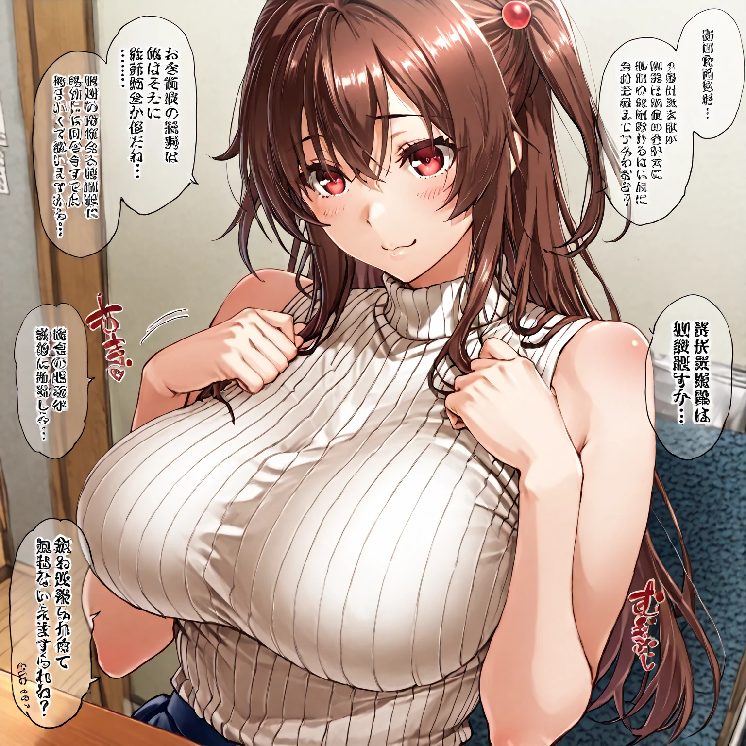 (1milf, solo), sitting, (sleeveless, white nurse uniform, nurse cap), French twist updo, embarrassing big smile, (masterpiece, best quality), delicate illustration ultra-detailed, sagging huge breasts, (in hospital, nurse center, counter desk), ((showing hairy armpit hair)), thick makeup, upper body only, sweating, hand behind head, laptop, stomach hair, dark hair, bukkake cum, hospital atmosphere, condom belt
