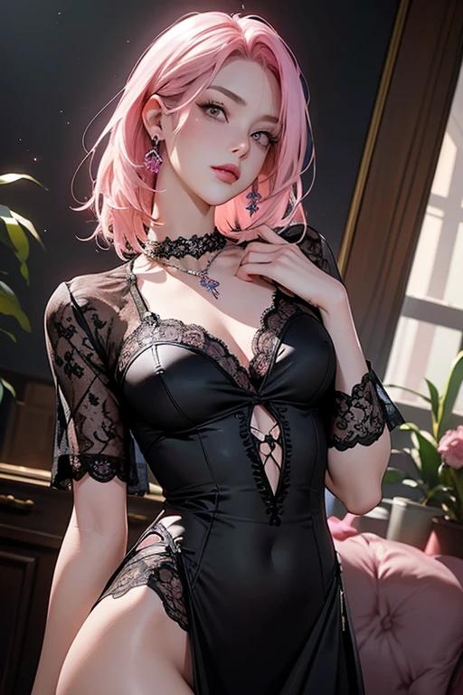 (A beautiful 25 years old female model), (short pink hair), (busty cup size), (pale skin), (detailed oily and sweaty skin), (wearing pink and black dress with batik ornate), (candle-lit temple at night), sexy pose, (chiaroscuro lighting), photo realism, intricate face detail, intricate hand details, highly detailed, vibrant colors, cinematic, 8k, trending on Artstation--style raw