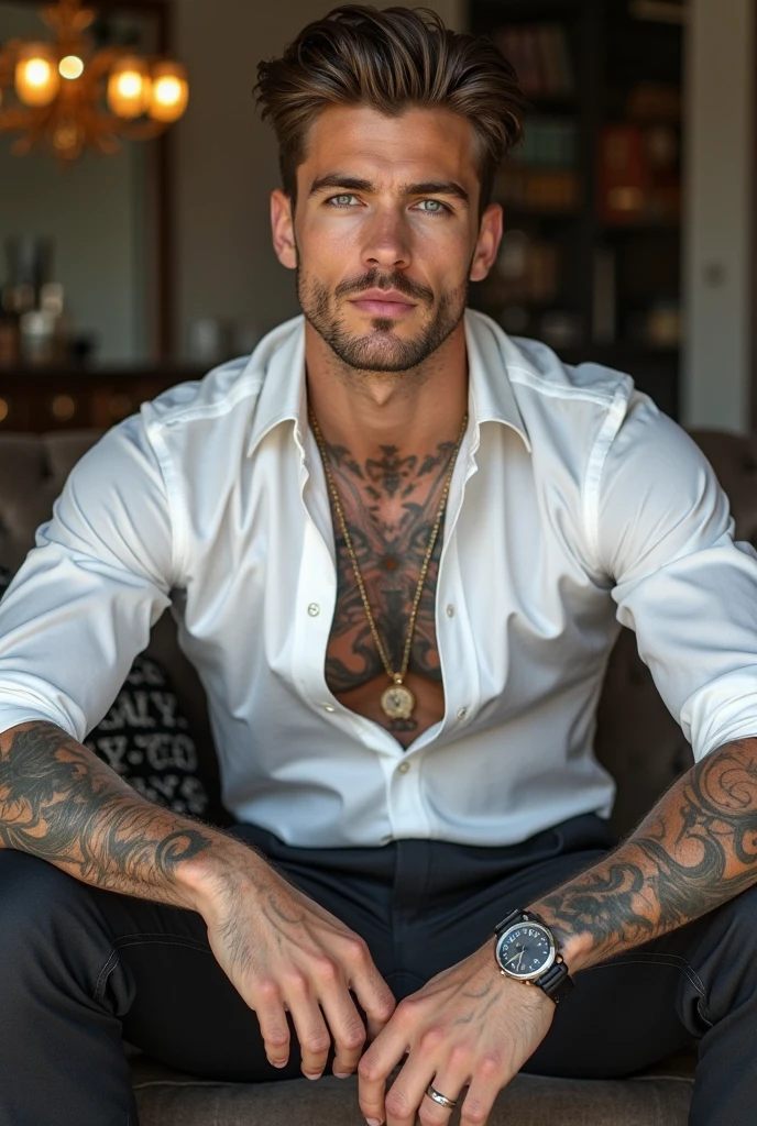 A handsome young mafia man with white skin, tall, blond hair, green eyes, a hot, sexy, toned body with tattoos and piercings, sitting in an armchair wearing a white shirt with the buttons open.
