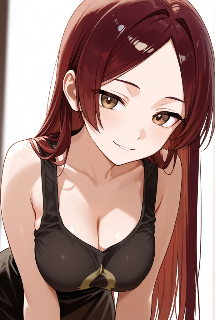 brown hair, brown eyes, long hair, looking at viewer, solo,forehead,masterpiece, best quality, photorealistic, yujiasuit, yoga sports bra, yoga pants, 1girl, solo, , yoga ball, pants, looking at viewer, smile, green sports bra, simple background, , midriff, long hair, breasts, green pants, sportswear, tank top, upper body,Eager Pet Pose