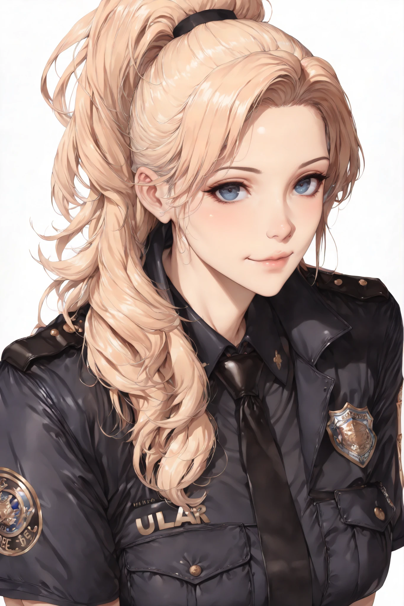 (front view),masterpiece, 1girl, fit,(best quality ),1girl, solo, perfect, best quality, masterpiece, beautiful, pretty, (((masterpiece, HD, best quality, extremely detailed, high resolution, highres, Ultra-detailed, ultra-high quality, super masterpiece, 8K image quality, correct anatomy))),, blonde hair,high ponytail, the tips of hair are red, blue eyes, beautiful, A stunning 40-year-old woman, mature, pastel colors,Drawing of a woman in a police uniform,mature, 1 woman, white background, looking at viewer, upper body,side look, score_9, score_8_up, score_7_up, source_anime, soft; pastel; colorful; detailed; details; masterpiece; high quality; best quality; ultra details; amazing; stunning; illustration, arrogant, mature, strict police uniform, you know,, police, noir,conservative clothes, pretty face