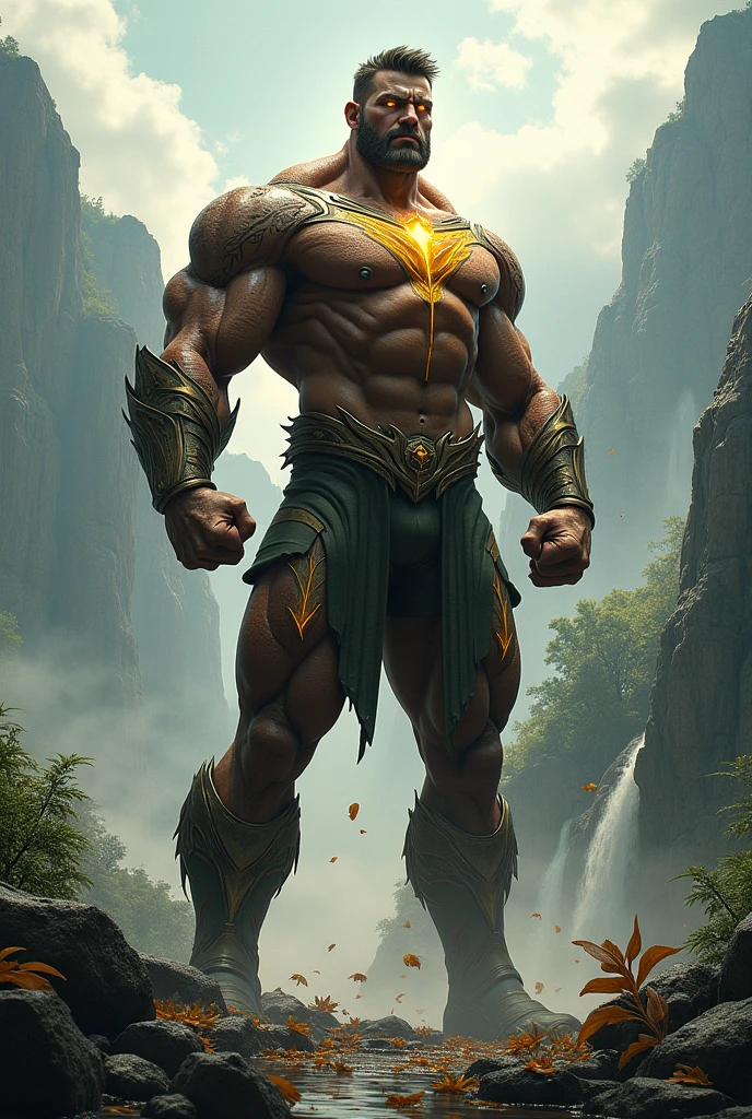 sun god, defined man, brown skin, he is flying, with open arms, in one of his hands, he has a spear of light, the spear emanates the power and light of the sun, he is on earth, flying above the forest amazonica from Brazil, behind him is the sun in a giant size, he only wears a tarzan style thong, jungle men, sexy, his pose shows his sovereignty, he is porous and uses the power of the sun, full body.