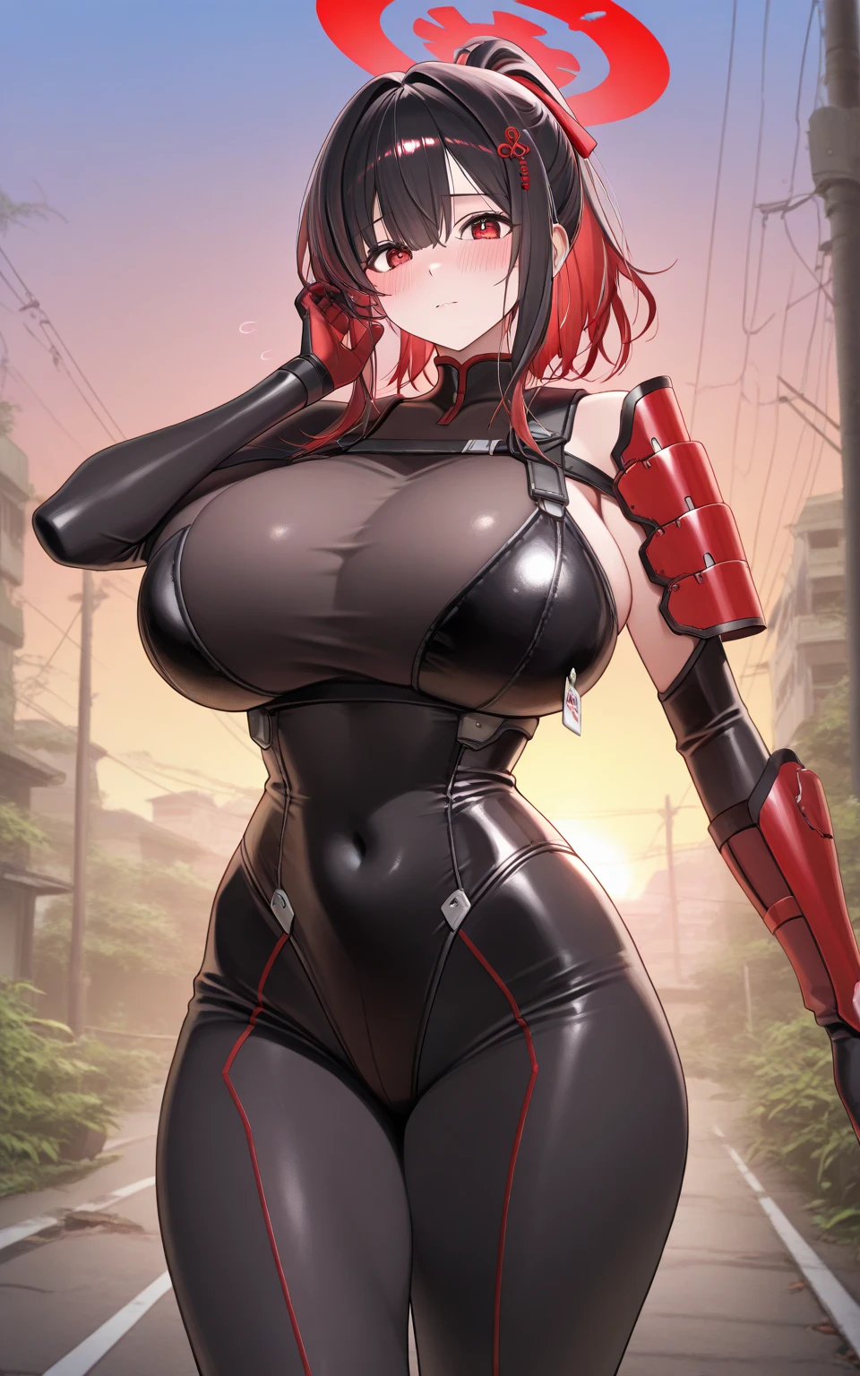 girl, with giant breasts, Red hair, short hair, crimson eyes, black spy suit.