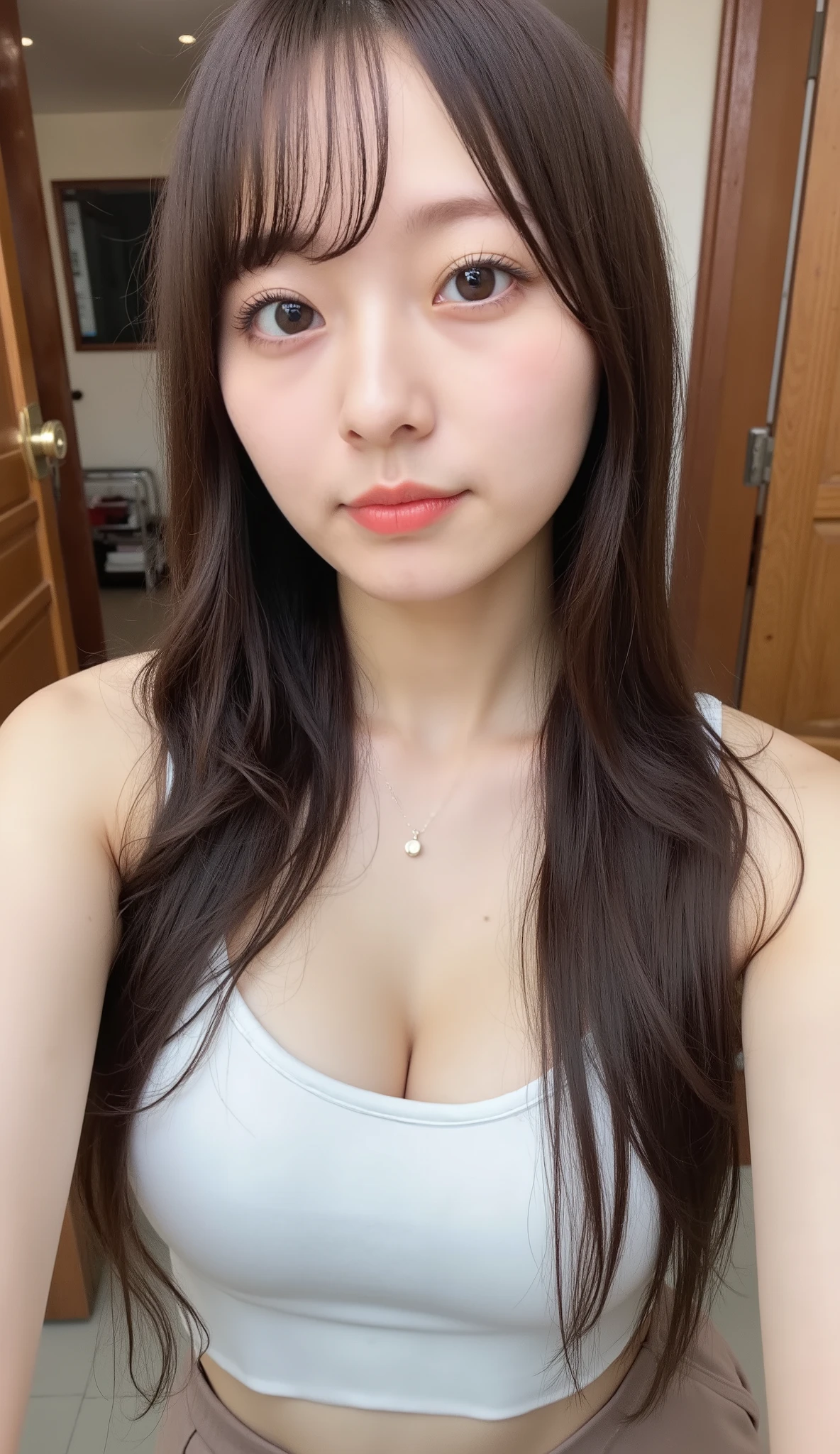 1 girl, 20 years old, young girl, Japanese girl, dark brown long hair, (wearing a neat tank top with thin straps, plated miniskirt), Open button, button, Photo selfie, close-up, Natural Breasts, skinny, Chest.