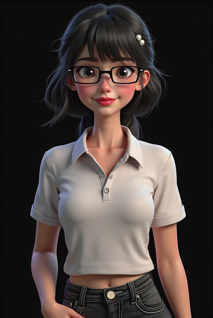 Make a young adult woman with a wide smile, square glasses, short hair, body tattoos, robust, wearing a blue collared polo shirt