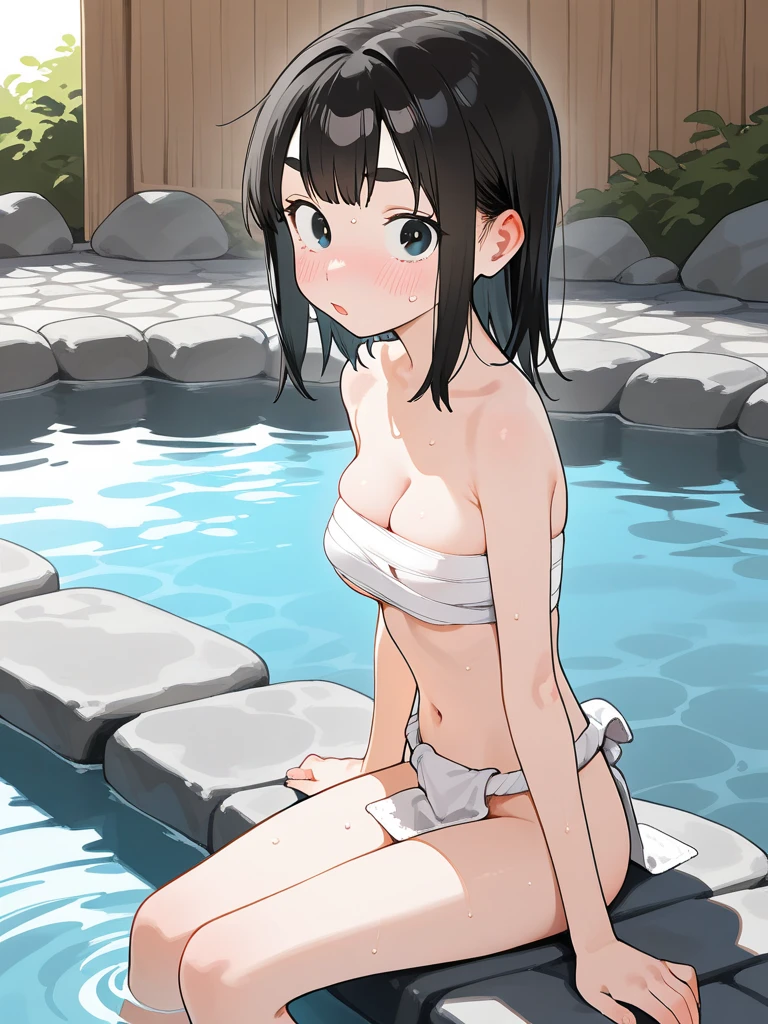 fully nude no panties detailed face small breasts cute embarrassed nipples black hair black eyes short hair embarrassed blushing shy poolside focus on face smiling open pussy squatting