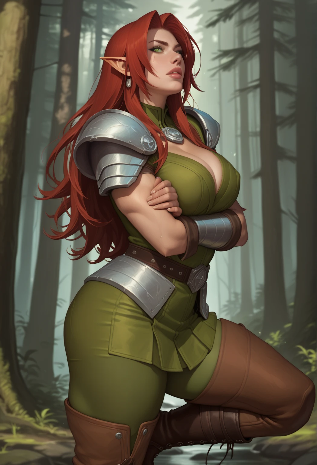 cowboy shot, elf, elf ears, red hair, large twin tails, Green eyes, cred armor, puffy hair, large chest, skirt, forest backgorund
