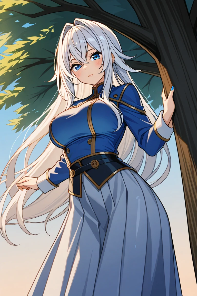 (Masterpiece, Best Quality:1.2), 1girl, (:1.2), 独奏, Standing, facial focus, Cinematic shot, Lila, white colored hair, Long hair, blunt bangs, horny sclera, colored sclera, blue eyes:1.2), looking a viewer, red skin, white shirt, Huge-breasts, full - body,woman medieval clothing, Robe, Dress, long skirt