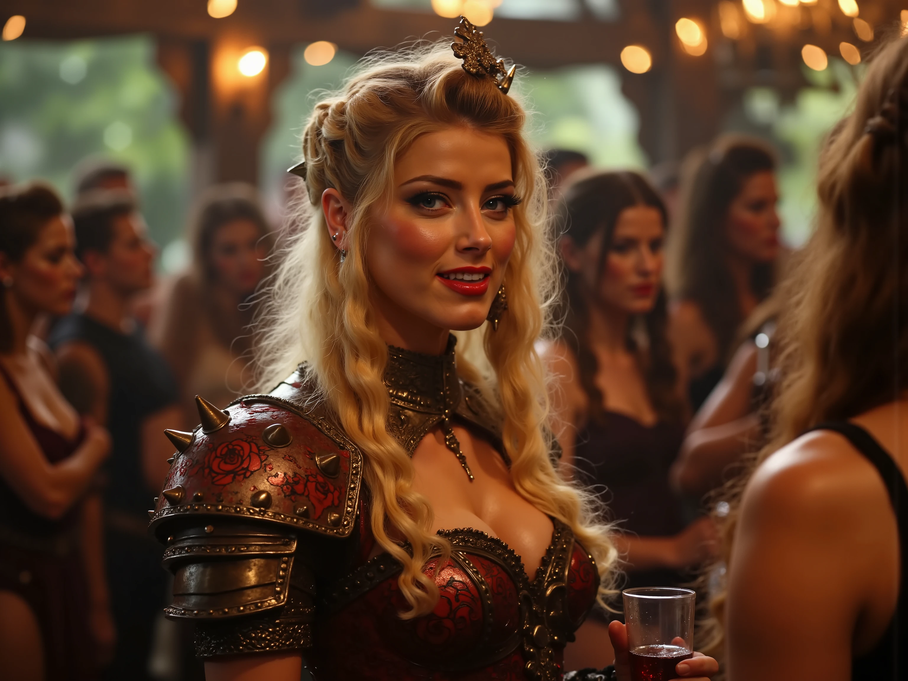A lean, slutty woman with laughing, lying eyes and a half-smirk permanently stitched across his face. Her hard leather armor is slutty flashy and impractical, painted with red swirls and decorated with spiked phalluses. Beneath her surface charm and sharp tongue flickers the rot of someone who knows they are already lost, but keeps dancing anyway. She holds a glass of wine. She is standing in a medieval beer garden surrounded by suitors.