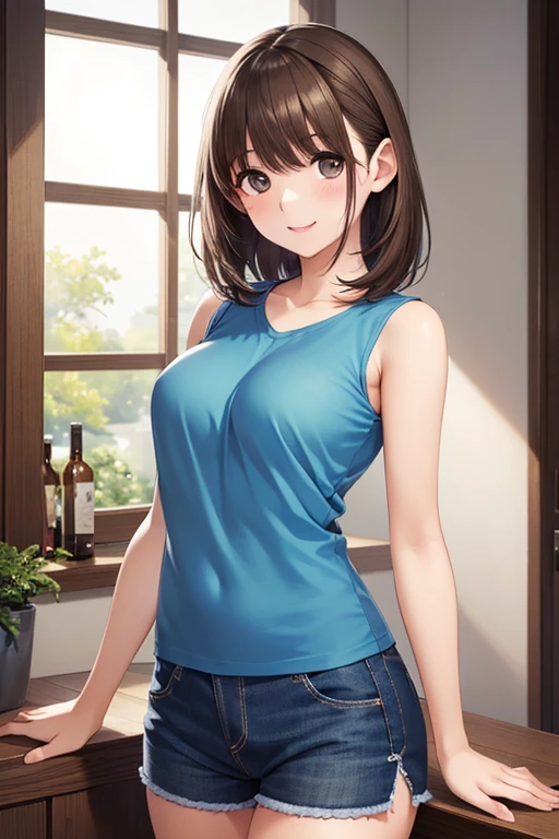 (RAW Photos:1.2), (Realistic:1.4),(Intricate details:1.2),(masterpiece:1.3),(highest quality:1.4), (超High resolution:1.2), Cinema Lighting, 超High resolution,(fine grain), 1 Woman Standing, /(Sleeveless knit shirt/), Mature Woman, /(Black Hair/) bangs, A gentle blushing smile, (Masterpiece Top quality:1.2) Delicate illustrations, super detailed, Big Break /(Modern house living room/)