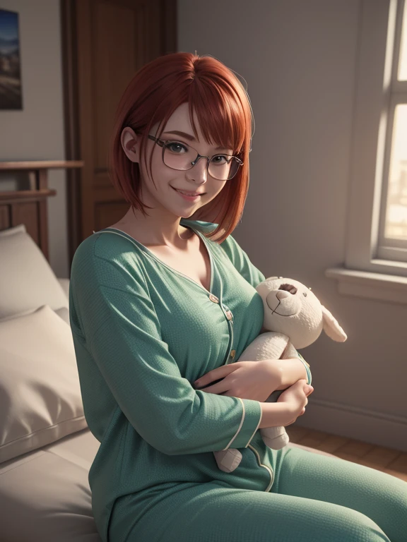 1girl, solo, full body, (masterpiece:1.21), (best quality:1.2), colorful, (illustration:1.2), (cinematic lighting:1.1), (spread legs:1.3), nightgown, genitalia exposed , , ginger, red hair, freakled face, pigtails, bangs, sweating, smiling, in a fancy bedroom, holding a Ted bear , glasses,