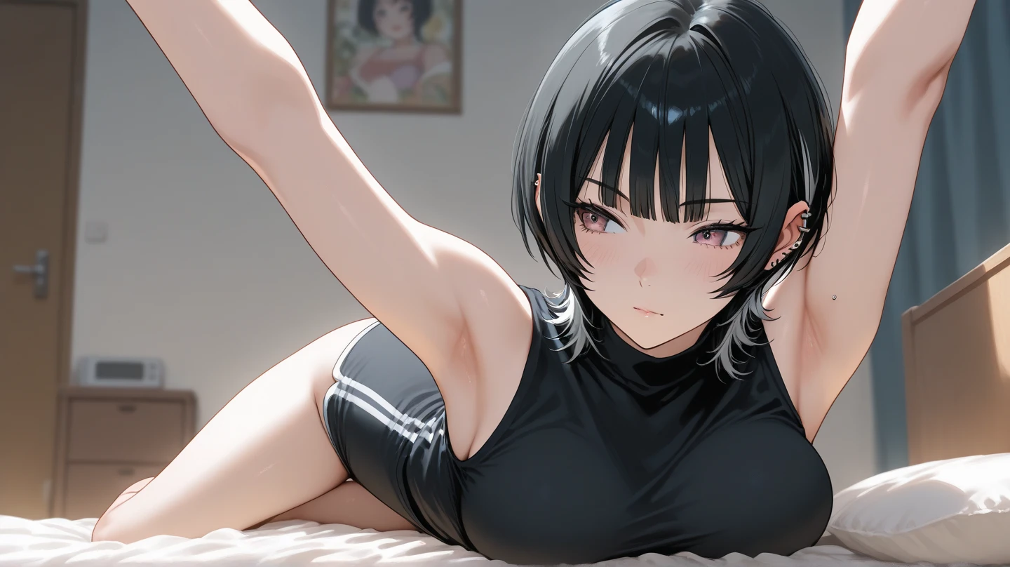 ultra-realistic 8k CG, masterpiece, ((ultra detailed background, expressive eyes, fine drawing, intricate details, high detail, better quality fine details, hyper-detailed face)), (photorealistic: 1.4), beautiful lighting, RAW photo, film grain, soi fon, 1girl, solo, ((dark black hair, short hair)), ((dark black eyes)), black irises, makeup, side strands, ((sideboob, slim girl)), (( detailed background, inside, dim lighting, moody lighting, inside bedroom inside)), (intricately detailed full-body shot)), ((intricately detailed face and character)), sweating, detailed face, beautiful face, sharp stern features, petite, thin, skinny, kubo tito, kubo tito (style), bleach (manga), elbow gloves, bleach manga style, asian eyes, inspired by Kusumi Morikage, toned, small breasts, toned, long slender legs, thin legs, ((pretty arched feet)), lying down, sexy, crossed legs, white socks