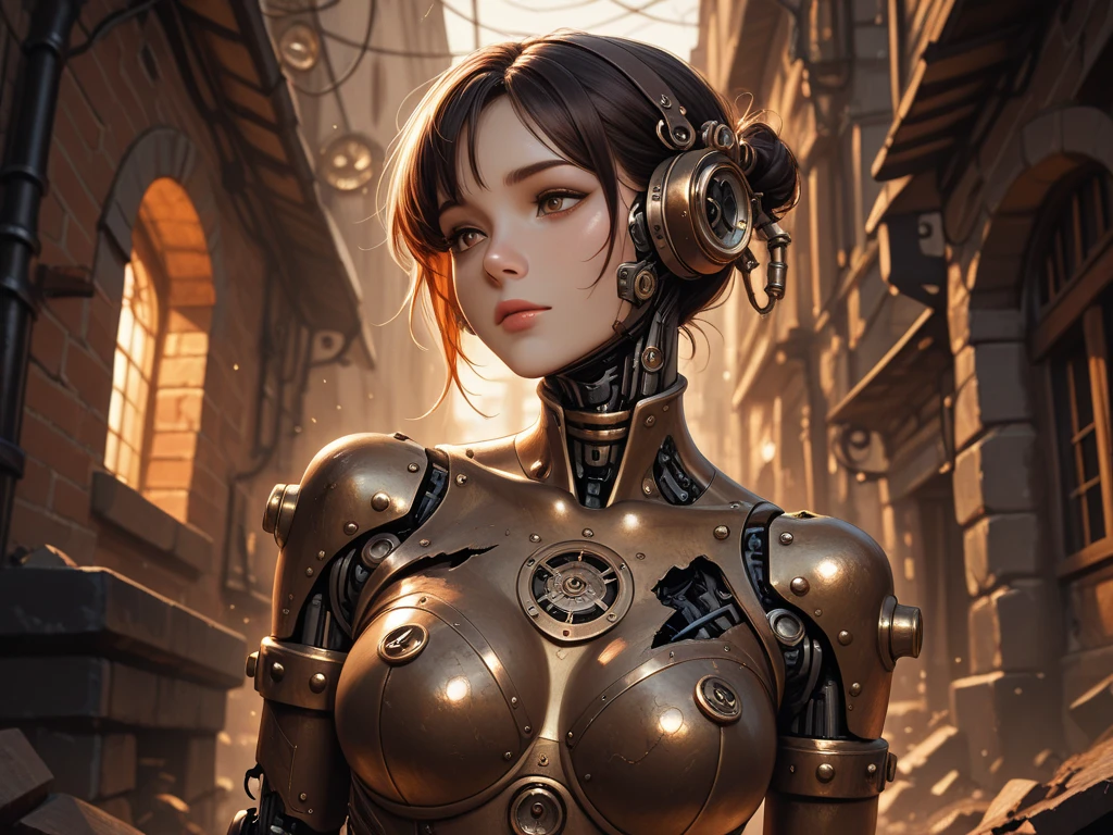 top-quality、masterpiece、超A high resolution、(Photorealsitic:1.4)、Raw photo、1人、Black hair、glowy skin、1 Mechanical Girl、((super realistic details))、The left half of the body is a mechanical portrait、Global Illumination、Shadow、octan render、8K、ultrasharp、Colossal tits、Raw skin is exposed in cleavage、metals、Details of complex ornaments、Steampunk details、Analog Meter、gear wheel、gear、Golden hydraulic cylinder、highly intricate detail、Realistic light、CGSoation Trends、a purple eye、radiant eyes、Facing the camera、neon details、Mechanical limbs、blood vessels connected to tubes、Mechanical vertebrae attached to the back、mechanical cervical attaching to neck、sitting on、Wires and cables connecting to the head、Gundam、Small LED lamp、 --auto