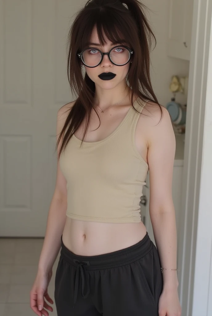 very skinny, tiny waist, short, small breasts, long messy black hair, pale skin, red lips, doe eyes, nerdy, cute, cat eye glasses, dark blue tights, yellow tank top, pokies, anya taylor-joy