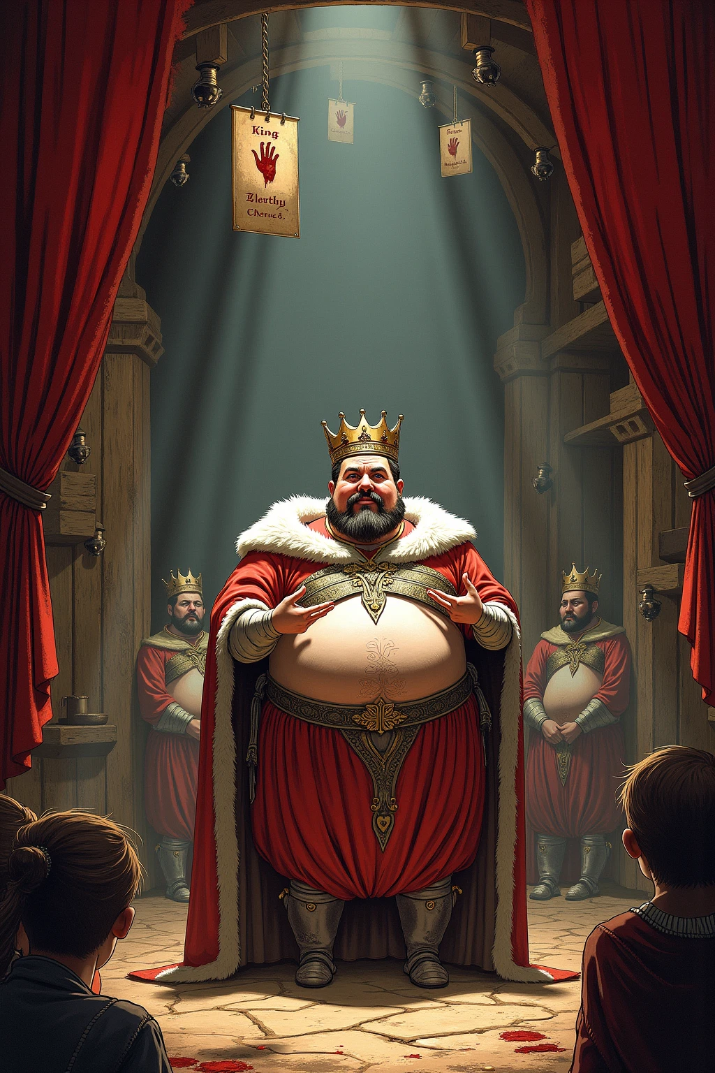 40 years old white Male, tall, giant body, masculine, handsome, dad bod, beefy, strong arms and legs, wide shoulders, a bit chubby muscle gut, a bit of fat but still very muscular, extremely hairy, ((a lot of body hair)), short beard, wearing an untie revealing red king robe with long sleeves, crown on head, barefoot, ((oversized massive thick huge cock)), ((oversized massive heavy hairy fat balls)), smirking, standing dominantly, royal bedroom, castle, medieval royalty bedroom