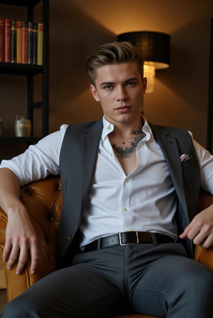 A handsome young mafia man with white skin, tall, blond hair, green eyes, a hot, sexy, toned body with tattoos and piercings, sitting in an armchair wearing a white shirt with the buttons open.