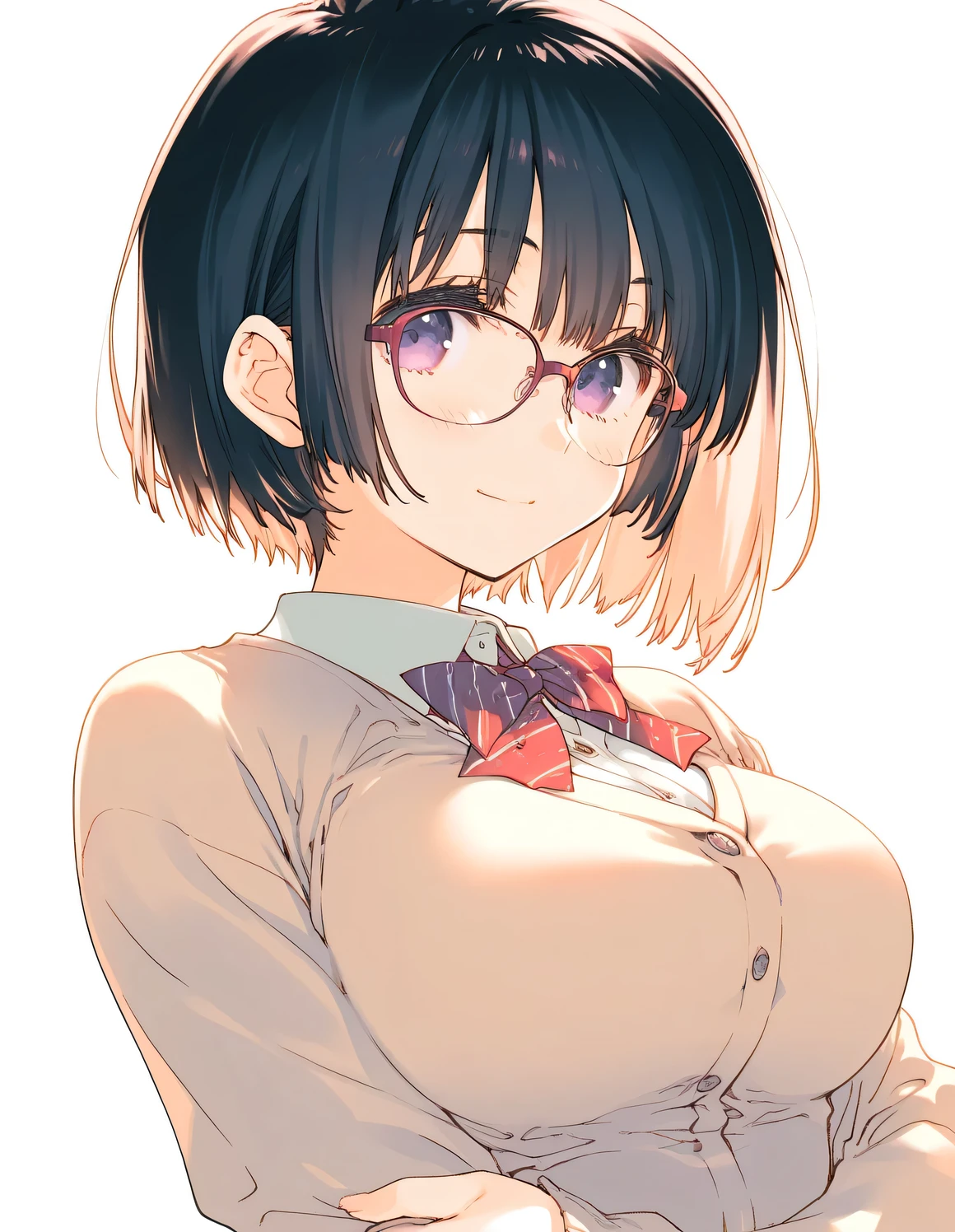 ((highest quality)), ((masterpiece)), (be familiar with), perfect face、、fluffy short hair、upward glance、big breasts、I can see the cleavage、Inside the school、shot from above、I'm embarrassed、shiny face、sweating、hair with volume、black hair、square glasses、Drool、blazer、female teenager、A mole on the chest、cute face、smile、open your mouth、