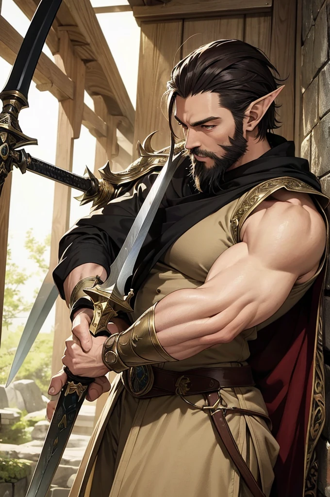 (((Single character image.))) (((1boy))) (((Luxurious hair and sexy smirk.))) (((18 years old.))) (((18yo.))) Art style inspired by the work of J Scott Campbell. (((Shirtless with a great body.))) Looks like a sexy male elf warrior for a medieval fantasy setting. Looks like a sexy and dangerous male elf for a medieval fantasy setting. Looks like a physically sexy male medieval elf for Dungeons & Dragons. (((wearing leather medieval fantasy armor))), A single character portrait, (((very sexy male physique))), (((stunningly gorgeous face))), (((menacing stare))), (((sexy hair in a topknot))), fantasy artwork, fantasy attire, fantasy adventurer, attractive, youthful, sexy, (((sexy smile))), (((dark features))), arched eyebrows, scowl, (((long, luxurious, exotic dark blonde hair))), mysterious, (((very sexy mouth and lips))), elf male in his early 20’s sexy body, pathfinder, Dungeons & Dragons character portrait, intricate details, ultra detailed, extremely detailed hands, ultra detailed clothes, ultra detailed hands, epic masterpiece, ultra detailed, hyperdetailed hands, digital art, unreal engine, 8k, ultra HD, centered image