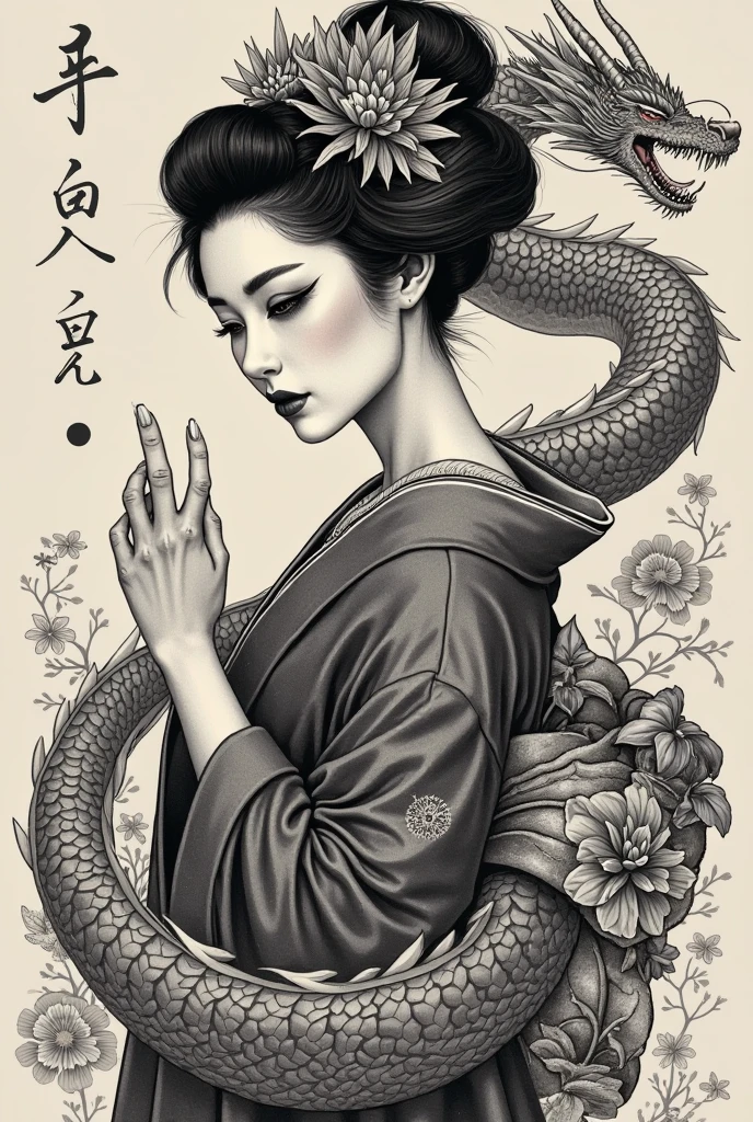 a woman with a dragon tattoo on her back, black and white artwork, portrait of geisha, john stephens, illustration iridescent, intricate detailed brush strokes, back pose, made of bonsai, scales and fur, in manga style, editorial image, as a painting