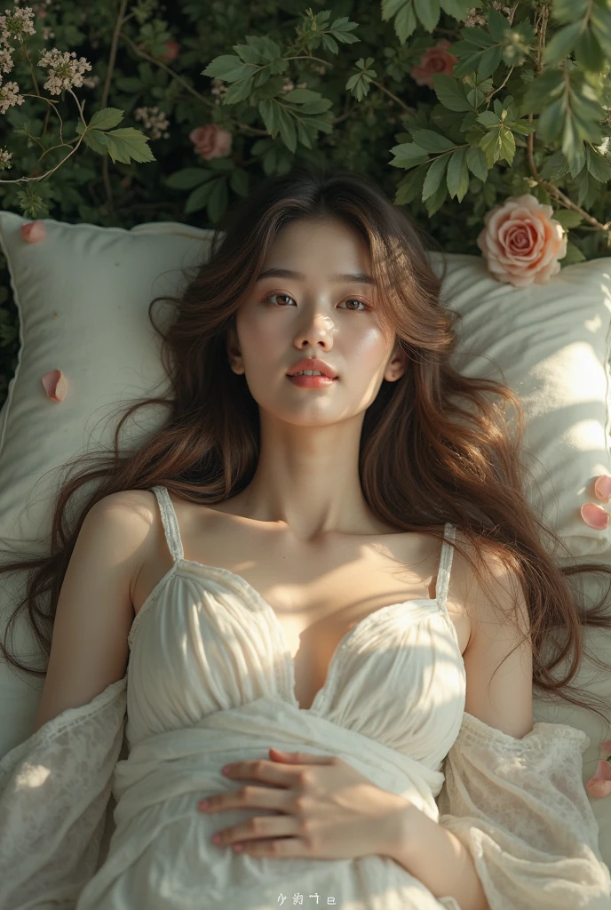 (photorealism:1.2), beautiful woman, sleep on bed, long curly hair, without clothes
With flowers