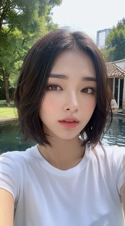((top-quality)), long legged, foco nítido:1.2, Beautiful woman with perfect body shape:1.4, Slender Abs:1.1, ((dark brown short hair、Colossal tits:1.2)), (Shiny Black Tight T-Shirt, The sheen、Standing Silver Spats:1.2), Detailed face and skin texture, A detailed eye,a park