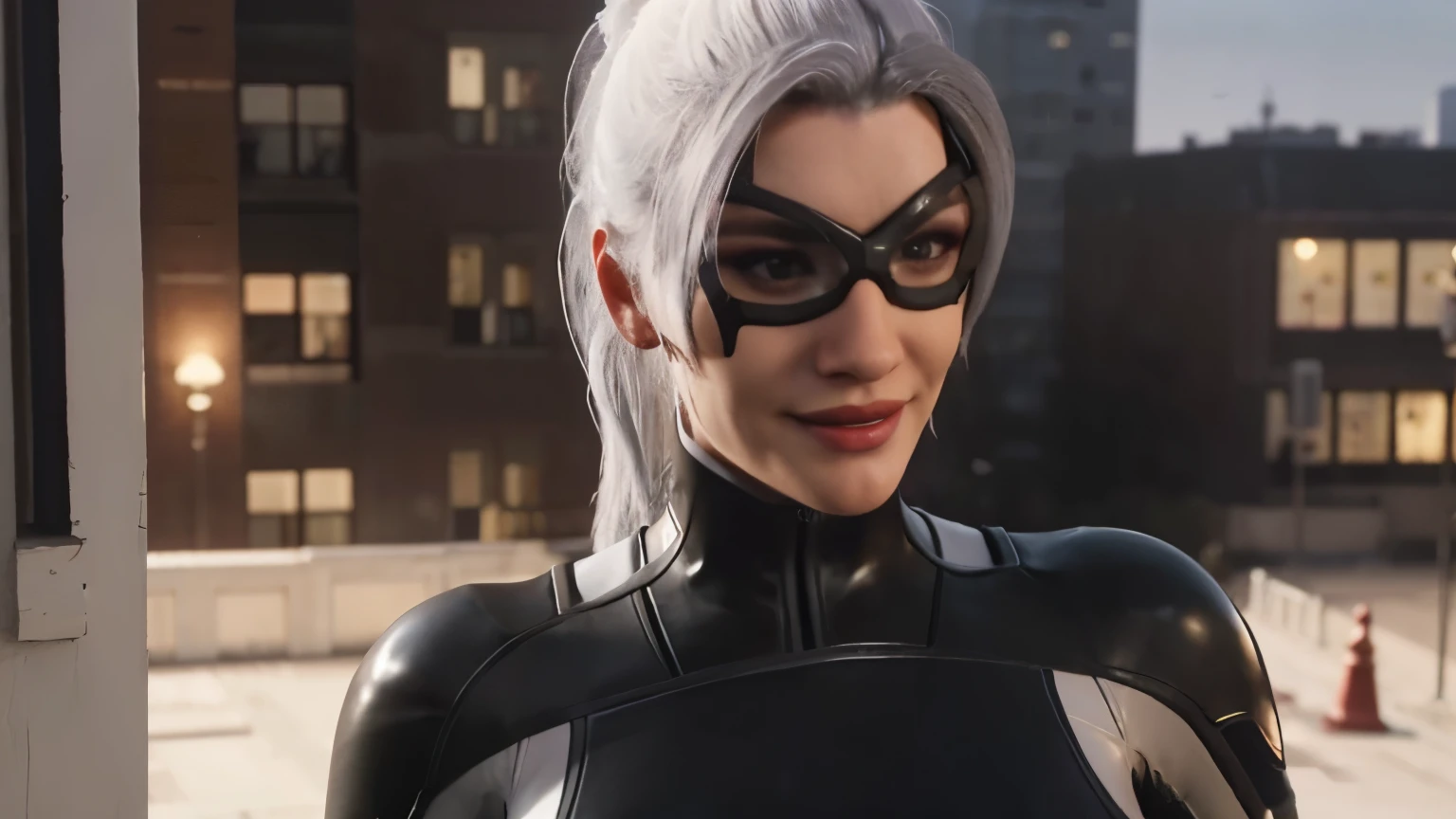 3d, CGI, Render, realistic, realism, photo-realistic, high contrast, (photorealistic:1.4), (perfect female figure), 8k high definition detailed realistic, (best quality, masterpiece:1.2), photon mapping, radiosity, physically-based rendering, best quality, highly detailed, 1girl, spblackcat, fullbodyshot, , white hair, looking at viewer, night city background , mask, smiling , sexy clothes, very revealing clothes, cleavage, thigh, sexy