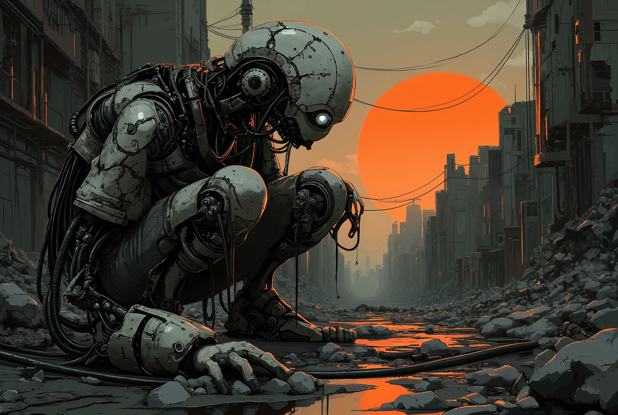 black and white art, Old Robots That Are Broken and Not Moving,Detailed Old Robot,Tattered Metal Body,Dirty Exterior Covered with Dust,Loose Wiring Hanging,Warped and Damaged Joints,Lost Features,Helpless appearance,Dark and Lonely Atmosphere,at dusk,Orange Dyed Sky,荒廃したruinsの背景, High Quality, High Resolution,realistic texture,Incredible detail,Masterpiece,Bokeh,mystical atmosphere,ruins,dark fantasy,Mechanical, black and white art, dark art,Dark Science Fiction,Oil Paint,digital art with shadows