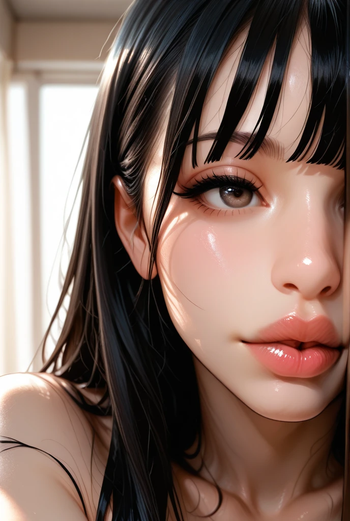 Photo Real、photoRealstic、girl1 A dark-haired、Blunt bangs、Untidy hair in mouth、At the back of the throat、drooing eyes Acme face、AHE Face、put out the tongue fullnude Sperm、large amount of sperm、Sperm soaked、Sperm on the face、Sperm bukkake White mushy liquid、a large amount of cloudy liquid on the face,