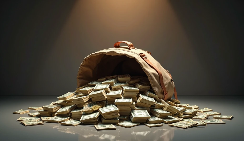 An image of a funeral casket with glasses and money looking successful. The image should have blessed and prosperous text written on it in Spanish.