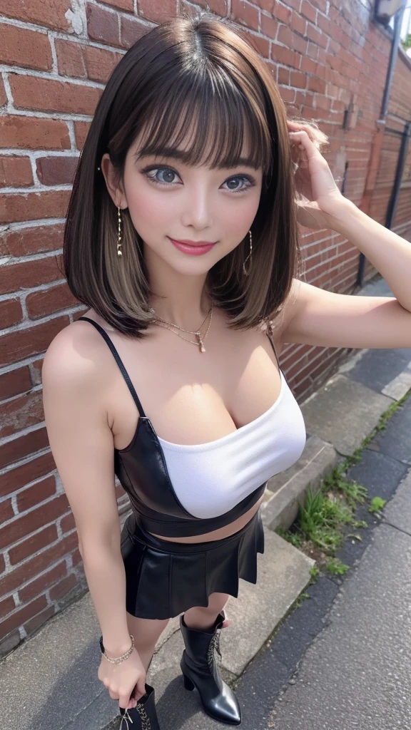 hermosa mujer joven, Hermosos pechos redondos,Brown leather,Busto al frente,hermoso cofre vuelto hacia arriba,pechos grandes cintura delgada,cabello corto,cortes bob,17 year old girl,