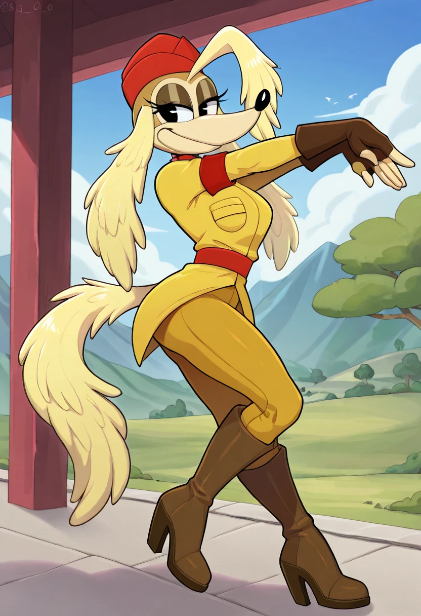 furry, anthro, solo, full body, Pilot Saluki Cuphead, Sgt. O' Fera, yellow pilot's suit, brown fingerless gloves, brown high knee heel boots, red cap, red chest pocket on the right, red armband, highly detailed, high resolution, detailed background, detailed body, masterpiece, good anatomy, pose, no watermark