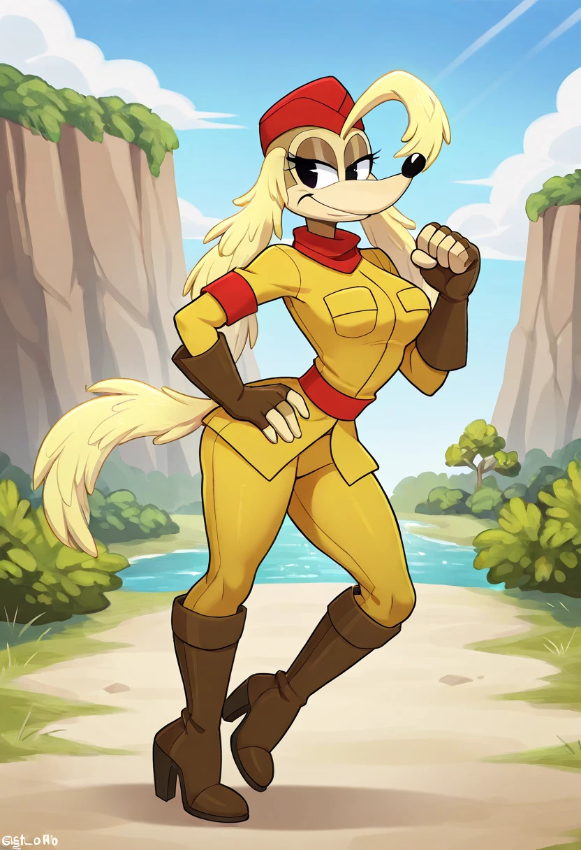 furry, anthro, solo, full body, Pilot Saluki Cuphead, Sgt. O' Fera, yellow pilot's suit, brown fingerless gloves, brown high knee heel boots, red cap, red chest pocket on the right, red armband, highly detailed, high resolution, detailed background, detailed body, masterpiece, good anatomy, pose, no watermark