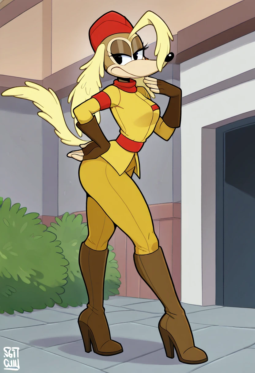 furry, anthro, solo, full body, Pilot Saluki Cuphead, Sgt. O' Fera, yellow pilot's suit, brown fingerless gloves, brown high knee heel boots, red cap, red  pocket on the right, red armband, highly detailed, high resolution, detailed background, detailed body, masterpiece, good , pose, no watermark
