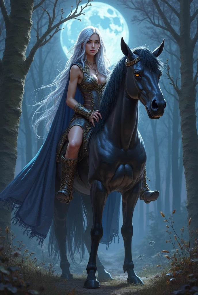Luna-an ethereal beauty, epic fantasy sci fi illustration, epic clouds and godlike lighting, realistic face, rugged look, furious, her silver hair riding a horse