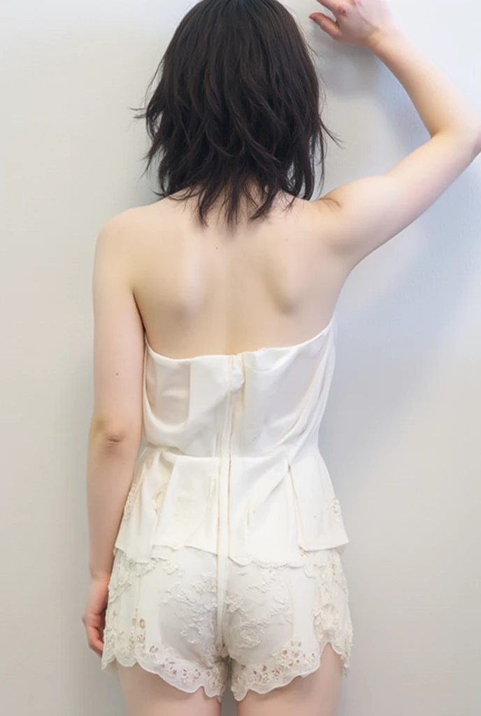 ((best quality, 8K, Masterpiece: 1.3)), sharp: 1.2, perfect body beauty: 1.4, Slender stomach: 1.2, ((layered hairstyle, big breasts: 1.2)), (White strapless dress: 1.1 ), city road: 1.5, Highly detailed facial and skin textures, Detailed eyes, Double eyelids, long brown hair, Thin dress, hands behind, squatting, Panties are slightly revealing., Revealing the cleavage.