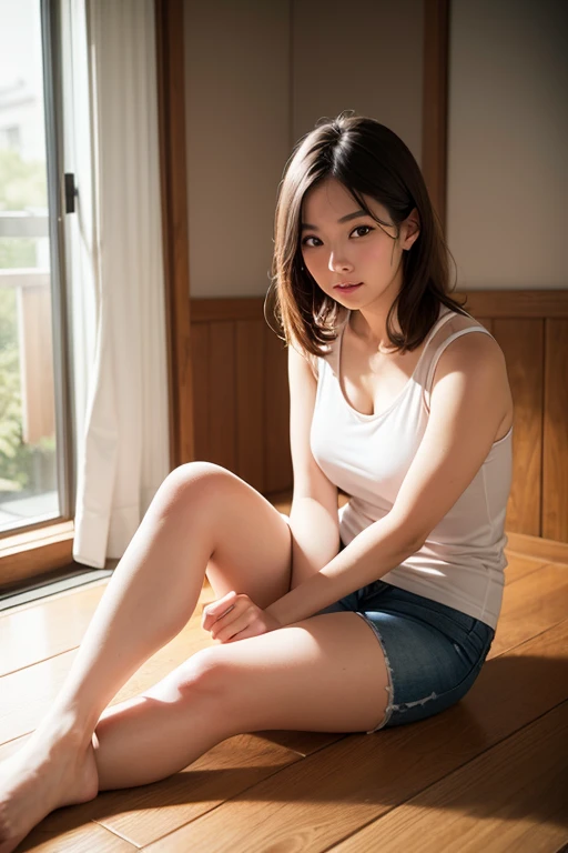 Open shirt, (((Leaning forward))), ((,Round face, Around ,mini skirt、A loose-fitting tank top)), Long Hair, , Natural Makeup, Lips become thicker, Sexy Gaze, barefoot, ((Raise one leg)), Shooting from below,Gentle expression ,((Extremely precise and accurate anatomy)), (masterpiece:1.43), Perfect proportions, Realistic photos, Full Shot, whole body,