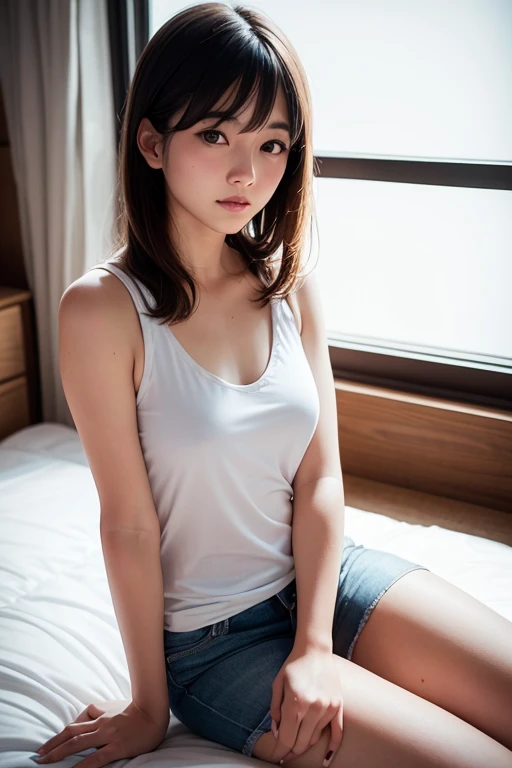 girl (masterpiece: 1.4), (8K, truth, RAW photo, highest quality: 1.4), Japanese, (1 girl), beautiful face, (truth Face: 1.4), (caramel hair, long hair: 1.3), beautiful hairstyle, truthistic Blue Eyes, beautiful eye details, (truth Skin: 1.3), beautiful skin, attractive, 超High resolution, Ultra truthistic, High resolution, golden ratio, (detailed face: 1.4), (Anna Tanaka), My tank top was wet and transparent.., short hair, White see-through panties are wet and airy., SSSS, The shape of the nipple and areola is clearly defined., Look at this., sitting on the sofa, The shape of the pubic bone is clear and clear., drenched in sweat, Pause (Bend your knees and legs wide apart.), Noticeable unevenness on the body.