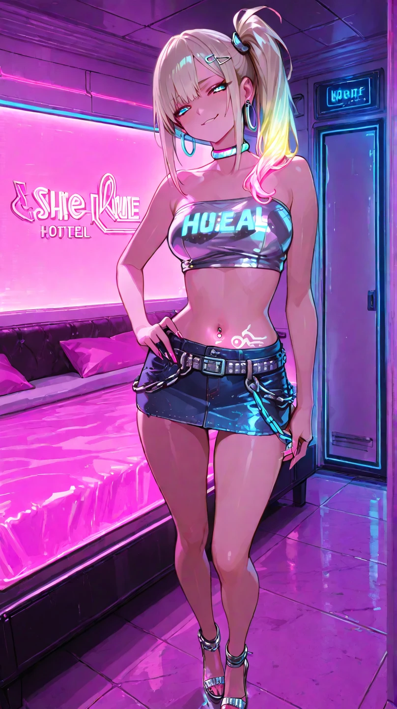 1 girl, tanned_skin, white wavy long hair, large ass, wearing a white transparent lingerie, full lips, pretty long eyelashes, pretty eyebrows, soft looking skin, wearing one black velvet choker around her neck, night, neon light, masterpiece, wearing diamond earrings, sitting on bed, ((legs spread)), looking at viewer, ((blue eyes))