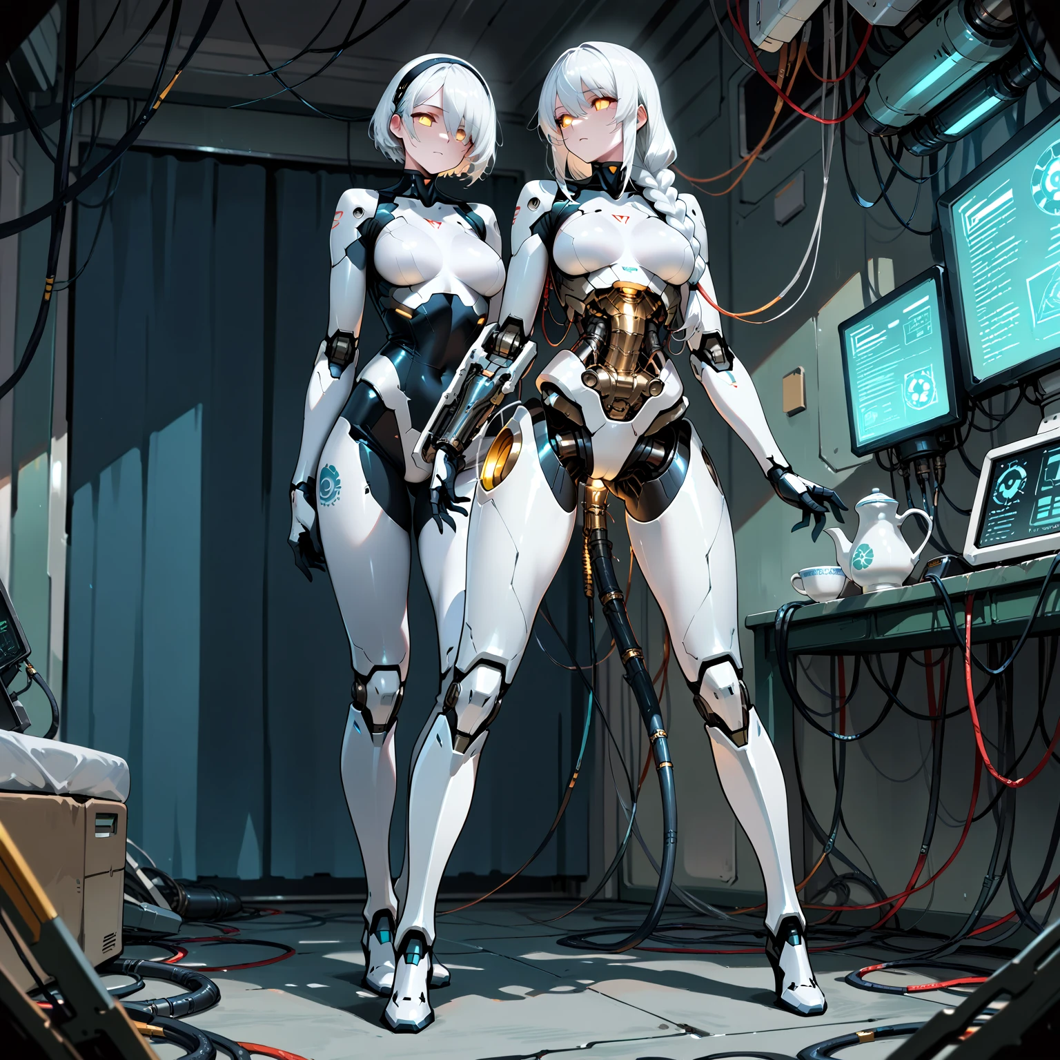 {{{{closed my eyes,charging,closed my eyes}}}}Death Robot,stand by,Upright dormancy Submerged in water((masterpiece)), (((highest quality))), ((Super detailed)), ((figure)), {prosthetic limb}{{{Lights Out Lab}}}{{{The body light is flashing}}},{{Barcode or QR code on the device,incandescent lamp}}((human skin)),((silver short bob hair)),(full body esbian),breast gasm,Gray lines,technology,White Lab,Inserted by a robotic arm,Insert through the grey wire,small,Assembly by robotic arm,A thick wire is inserted into the back, robot(droid),((teenage girl)),((human skin)),((silver short bob hair)),(full body esbian),breast gasm,Gray lines,technology,White Lab,Inserted by a robotic arm,Insert through the grey wire,,Assembly by robotic arm,A thick wire is inserted into the back,