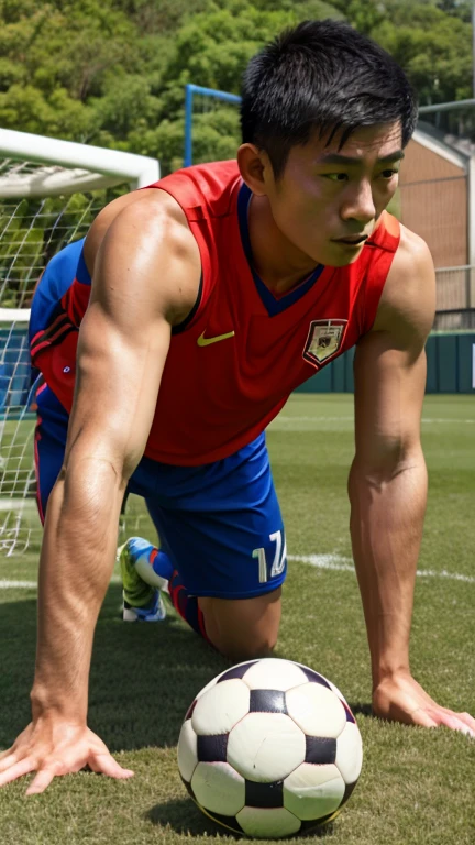(highres,ultra-detailed),(photorealistic,realistic:1.37), early teenage boy in Japan, slim, cute, shirtless, taking off soccer shorts