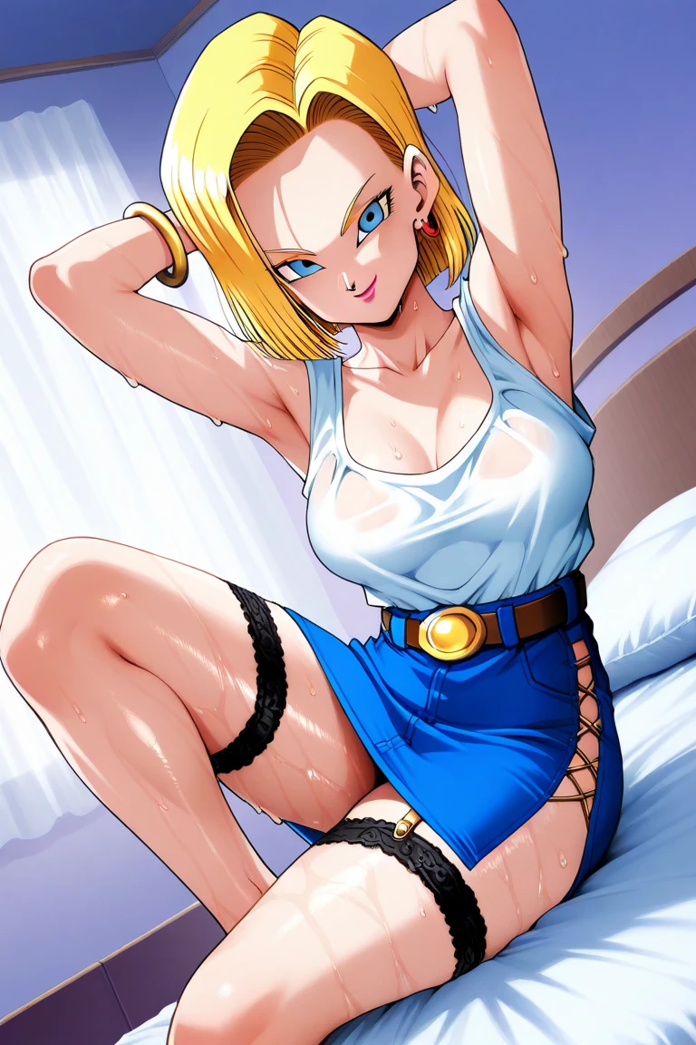 source_anime, score_9, score_8_up, score_7_up, anime screencap,
detailed face, retro artstyle, 1990s \(style\), android 18, classic look, 1girl, solo, looking at viewer, short hair, blue eyes, blonde hair, collarbone, crouching, spreading legs, ashamed, denim skirt, ((bedroom), ((panties)), ((bra)), thick thighs, pussy, ((masturbation))