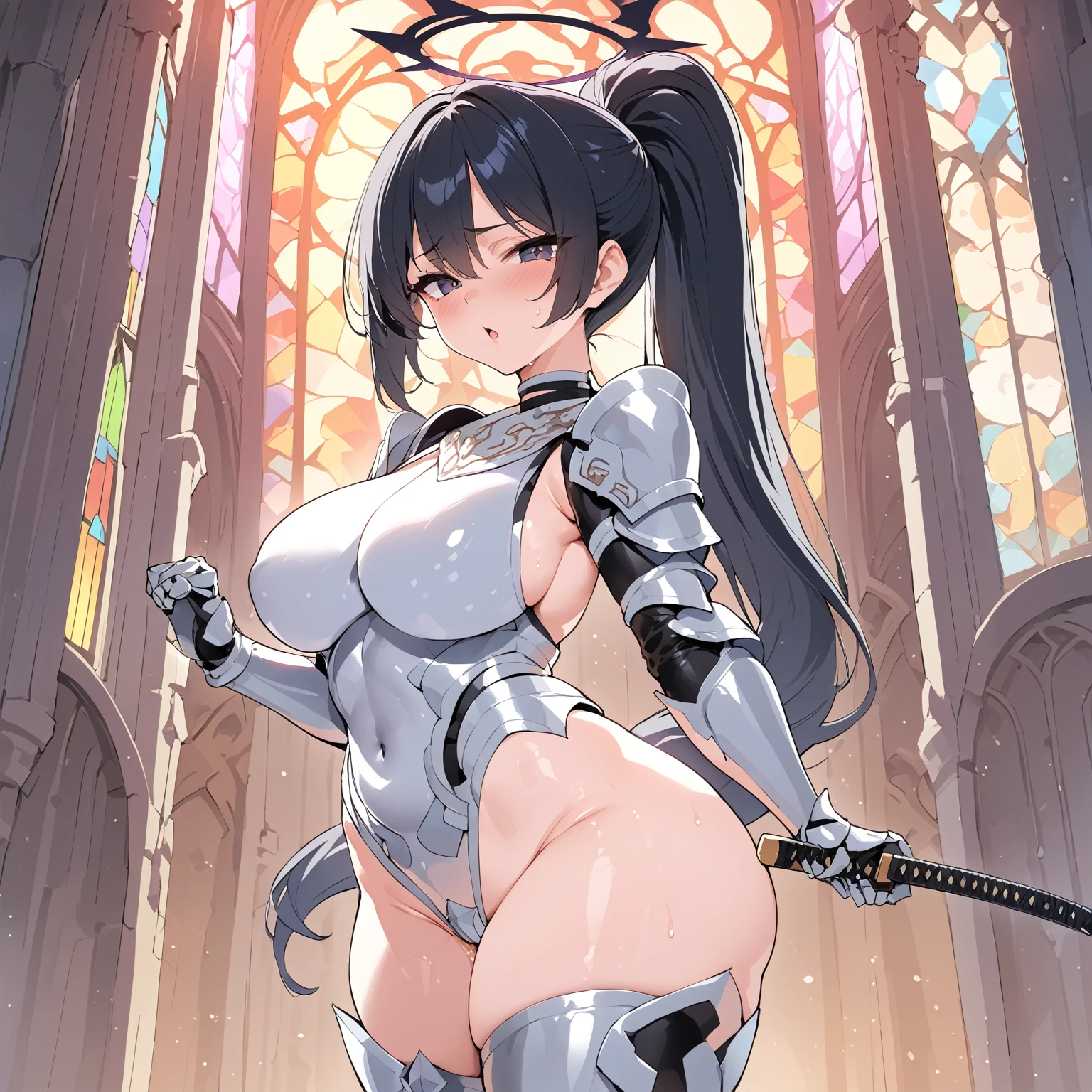 (slanted eye),(Best Quality, 4K, 8K, hight resolution, masutepiece:1.2), Ultra-detailed, (Realistic, Photorealistic, Photorealsitic:1.37), Mature Woman, Adult Woman, notre dame, Dark fantasy landscape,masutepiece, Highest Quality, Ultra-fine,max resolution, Extremely detailed, ((Woman knight, Clean Armor,White bikini armor)),shining beautiful skin,Huge breasts, Big ass,Seductive thighs,from behind,poneyTail,((high legs,Ass,thong)),overknee socks