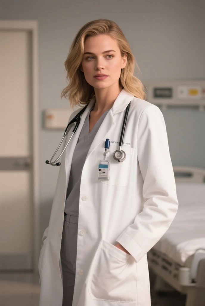  com corpo sexy, Doctor's coat, busasa de méBlonde hair, pants a little tight