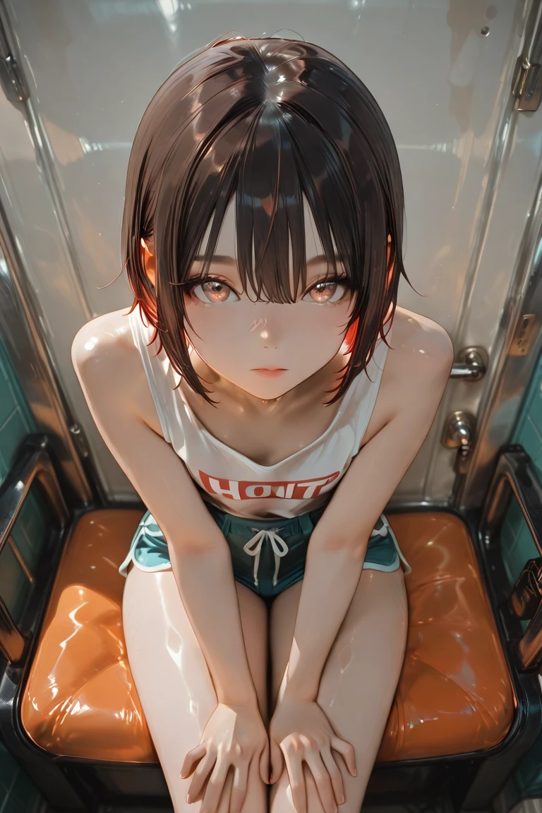 (masterpiece,Highest quality:1.3,best quality illustration),realistic,cowboy shot,1woman,30 year old Japanese beauty,Special Forces Female Soldier、((very small head:1.3)),brown short bob hair,bangs,brown eyes,gorgeous eyes,shy,tears,small breasts,((very long body:1.3)),((toned body,slender body,skinny,tan skin)),naked,nipples,navel、vagina,Wet crotch、Love juice、gleaming skin,shiny skin,sweat:1.3,squatting,spread legs:1.3,Simple bed、A cluttered bedroom、ruins、night、