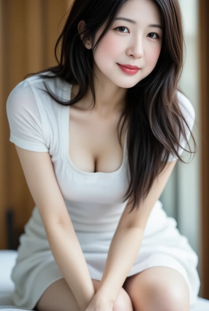 (1 girl, sitting, in the kitchen, (shot from above)),(8K, rich detail, crisp detail, sharp image, RAW photo, highest quality, High resolution:1.1,((full body photograph))), (hyperrealistic:1.4),(realistic, photorealistic:1.3), soft light,realistic face,realistic body,realistic skin,disorganized,masterpiece,(cute:1.8), (((165cm height, 17 years old, delightful smile, high school student))), (((baby face, round face))), ((((beautiful big breast, small areola,small nipples)))), ((smooth straight hair, (dark hair)), long hair),fine black eyes,innocent eyes,droopy eyes,Watery eye,open lips,blush,good style,colorful lights,film Grain,professional lighting,photon mapping,Physically based rendering, (((fully naked, unbuttoned shirt, looking at me))), night,