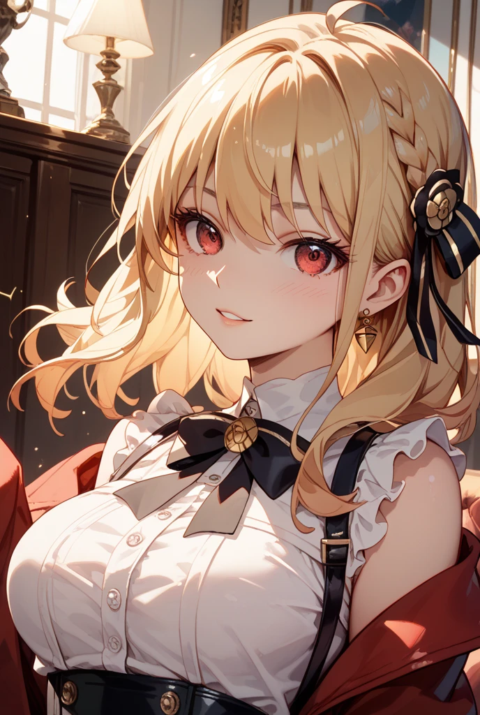 ((highest quality)), ((masterpiece)), (detailed), Perfect Face、Crying face、move、blonde、ponytail、Crimson Dress、Earrings、necklace、